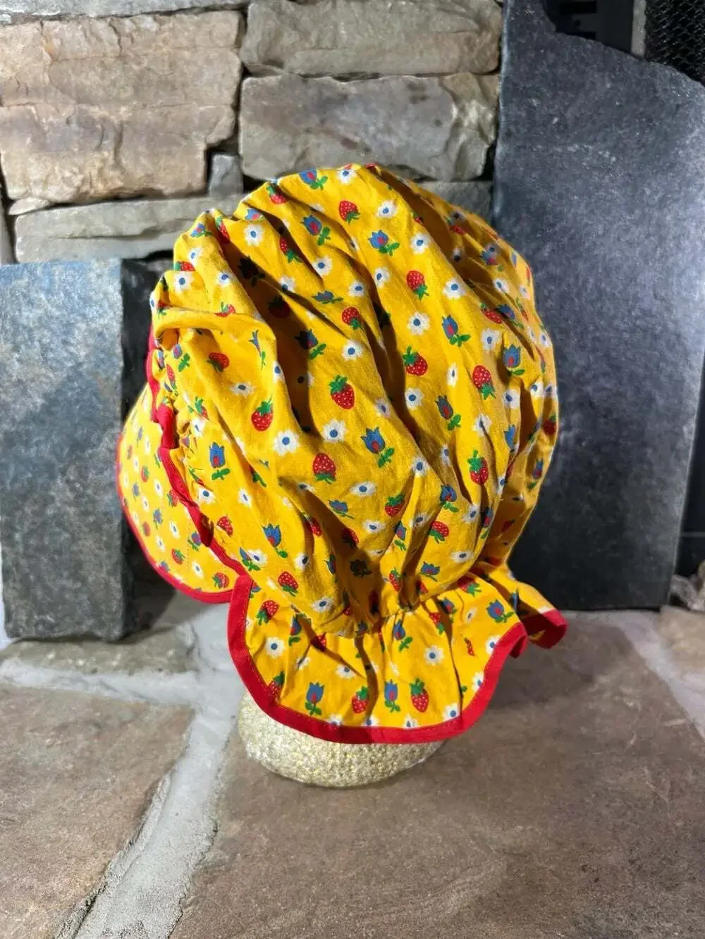 Strawberry and tulips Yellow with red trim adorable Prairie Bonnet costume small